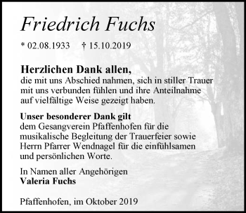 Traueranzeige von Fuchs Friedrich 
