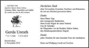 Traueranzeige von Gerda Unrath 