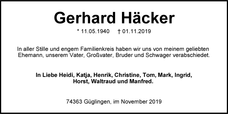  Traueranzeige für Gerhard Häcker vom 12.11.2019 aus 