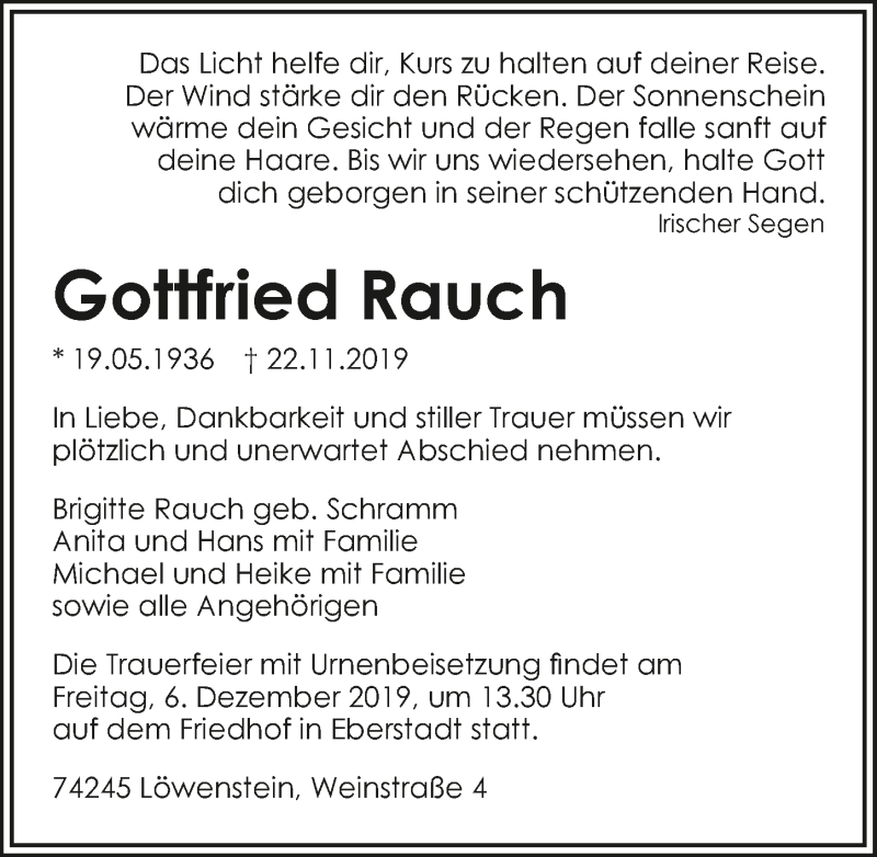  Traueranzeige für Gottfried Rauch vom 30.11.2019 aus 