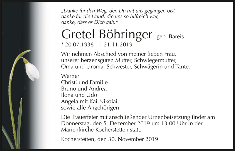  Traueranzeige für Gretel Böhringer vom 30.11.2019 aus 