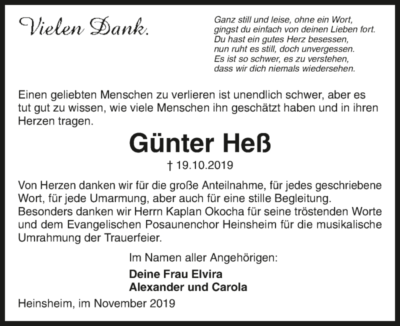  Traueranzeige für Günter Heß vom 09.11.2019 aus 