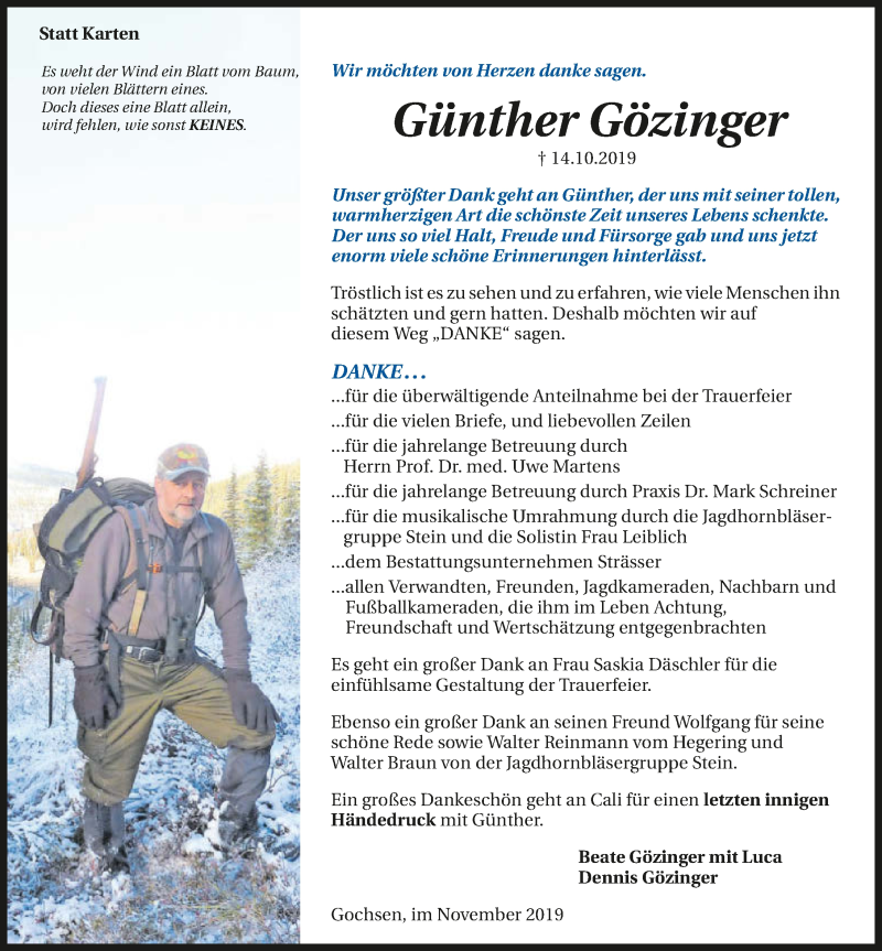  Traueranzeige für Günther Gözinger vom 09.11.2019 aus 