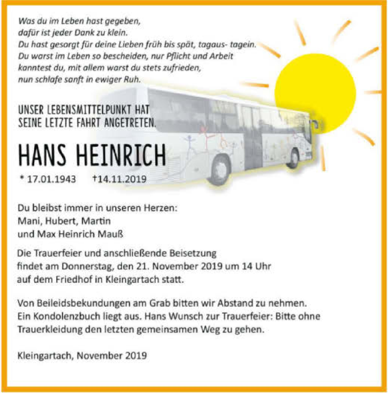  Traueranzeige für Hans Heinrich vom 20.11.2019 aus 