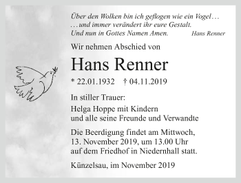 Traueranzeige von Hans Renner 