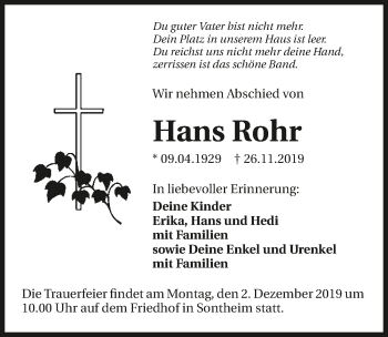 Traueranzeige von Hans Rohr 