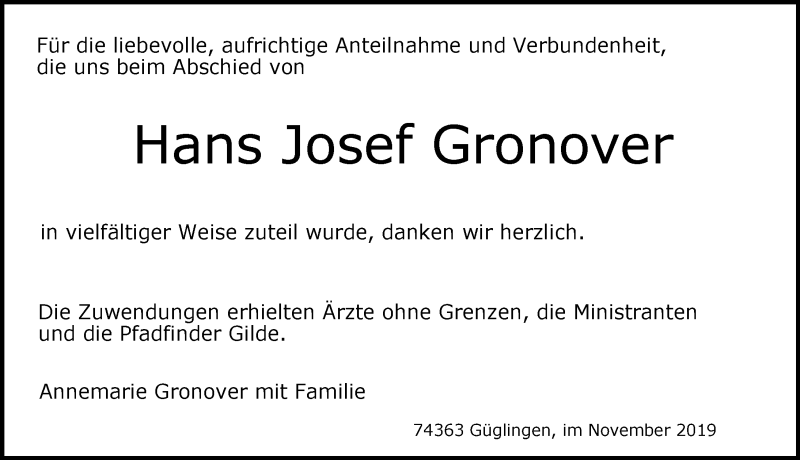  Traueranzeige für Hans Josef Gronover vom 13.11.2019 aus 