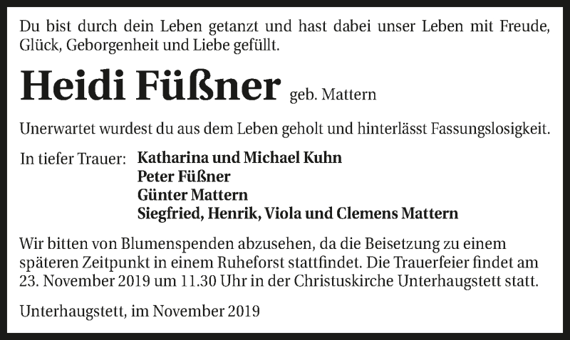  Traueranzeige für Heidi Füßner vom 16.11.2019 aus 