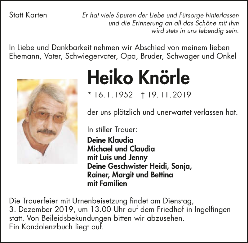  Traueranzeige für Heiko Knörle vom 28.11.2019 aus 