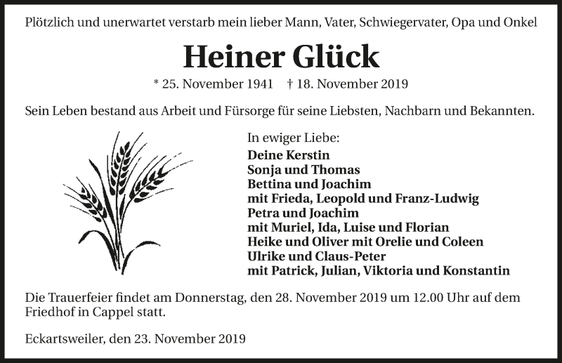  Traueranzeige für Heiner Glück vom 23.11.2019 aus 
