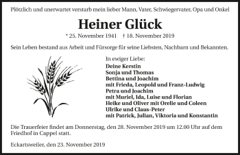 Traueranzeige von Heiner Glück 