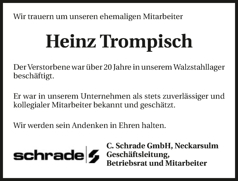  Traueranzeige für Heinz Trompisch vom 30.11.2019 aus 