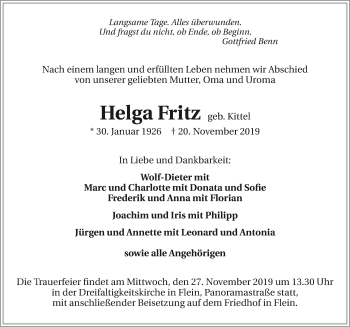 Traueranzeige von Helga Fritz 