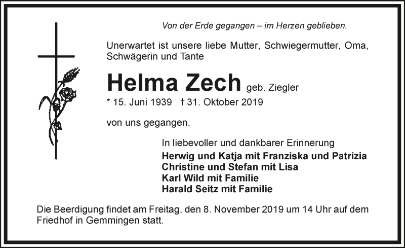  Traueranzeige für Helma Zech vom 06.11.2019 aus 