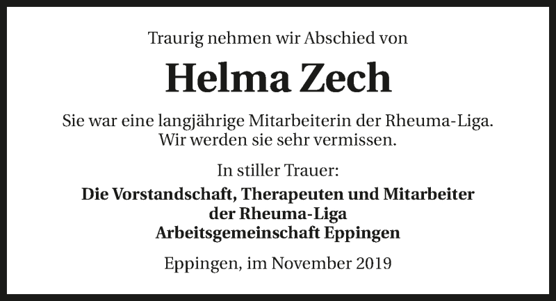  Traueranzeige für Helma Zech vom 07.11.2019 aus 