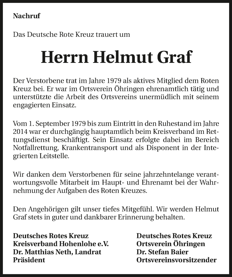  Traueranzeige für Helmut Graf vom 19.11.2019 aus 