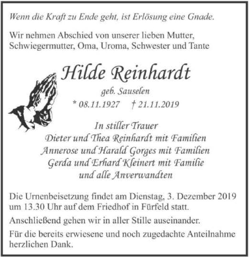  Traueranzeige für Hilde Reinhardt vom 28.11.2019 aus 