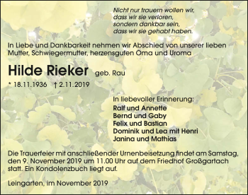 Traueranzeige von Hilde Rieker 