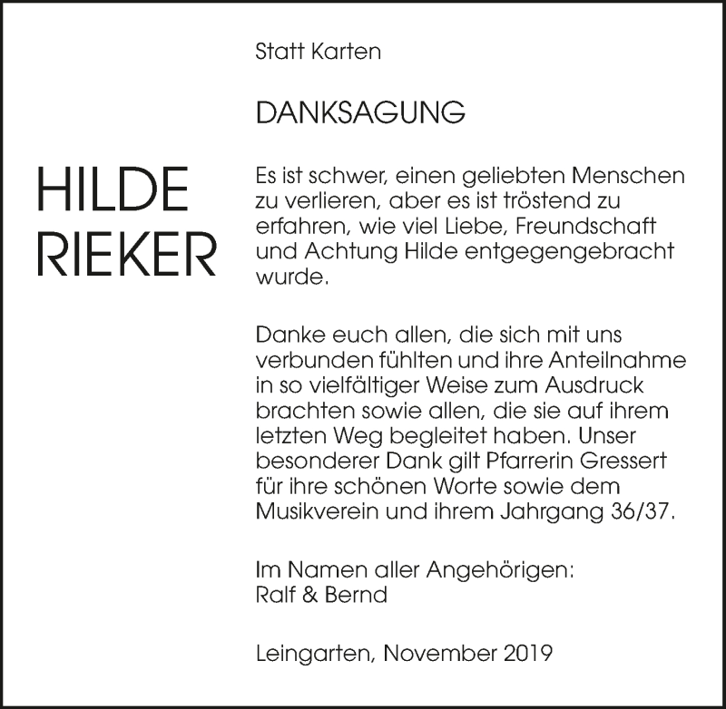  Traueranzeige für Hilde Rieker vom 16.11.2019 aus 