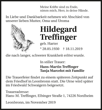 Traueranzeige von Hildegard Treffinger 