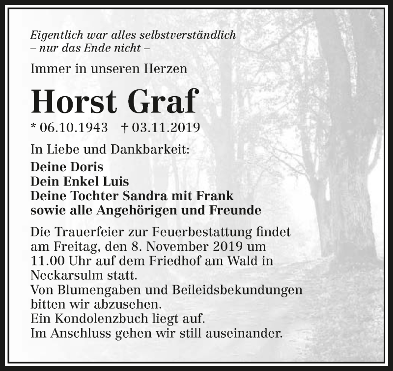 Traueranzeige für Horst Graf vom 06.11.2019 aus 