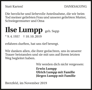 Traueranzeige von Ilse Lumpp 