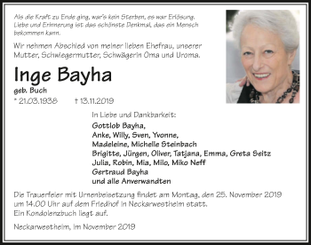 Traueranzeige von Inge Bayha 