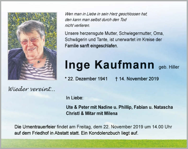  Traueranzeige für Inge Kaufmann vom 16.11.2019 aus 