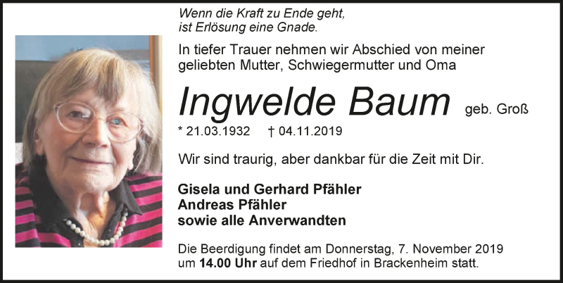  Traueranzeige für Ingwelde Baum vom 05.11.2019 aus 