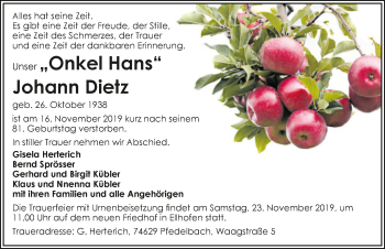 Traueranzeige von Johann Dietz 