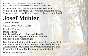 Traueranzeige von Josef Muhler 