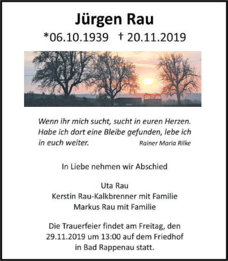  Traueranzeige für Jürgen Rau vom 26.11.2019 aus 