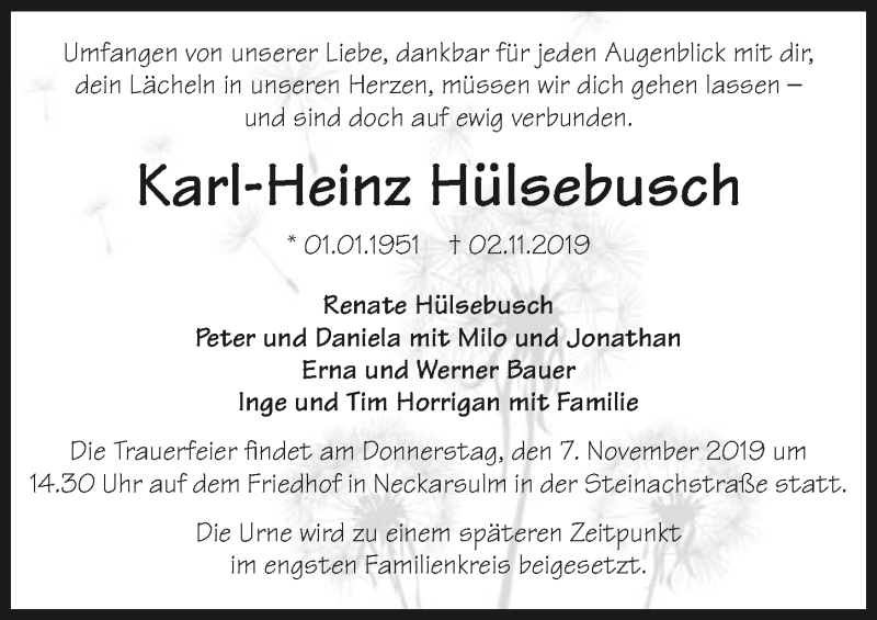  Traueranzeige für Karl-Heinz Hülsebusch vom 05.11.2019 aus 