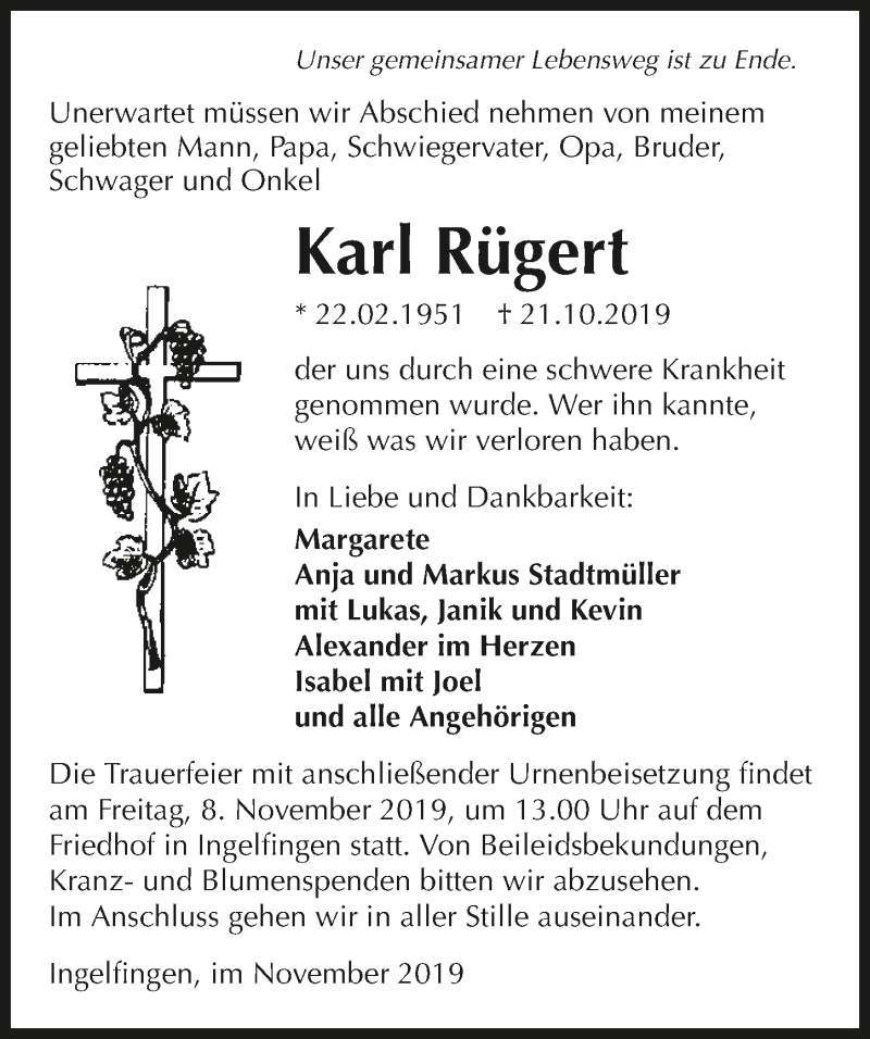  Traueranzeige für Karl Rügert vom 05.11.2019 aus 