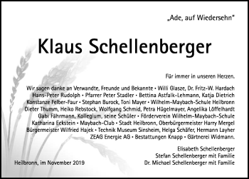 Traueranzeige von Klaus Schellenberger 