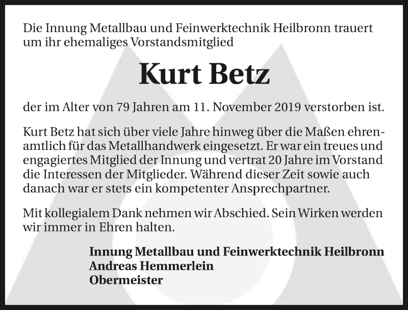  Traueranzeige für Kurt Betz vom 16.11.2019 aus 