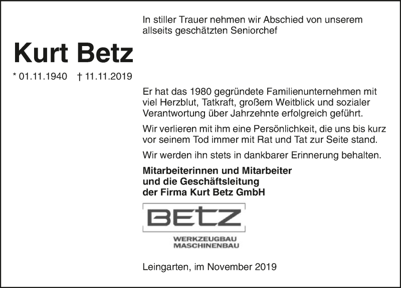  Traueranzeige für Kurt Betz vom 16.11.2019 aus 