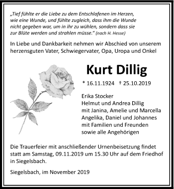 Traueranzeige von Kurt Dillig 