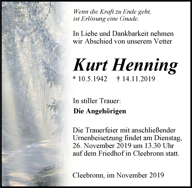 Traueranzeige für Kurt Henning vom 23.11.2019 aus 