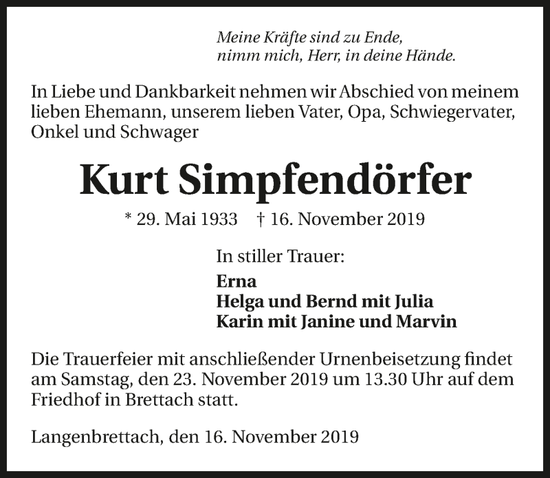  Traueranzeige für Kurt Simpfendörfer vom 21.11.2019 aus 