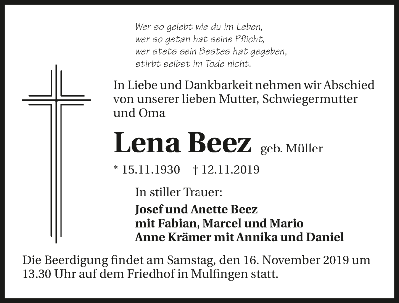  Traueranzeige für Lena Beez vom 14.11.2019 aus 