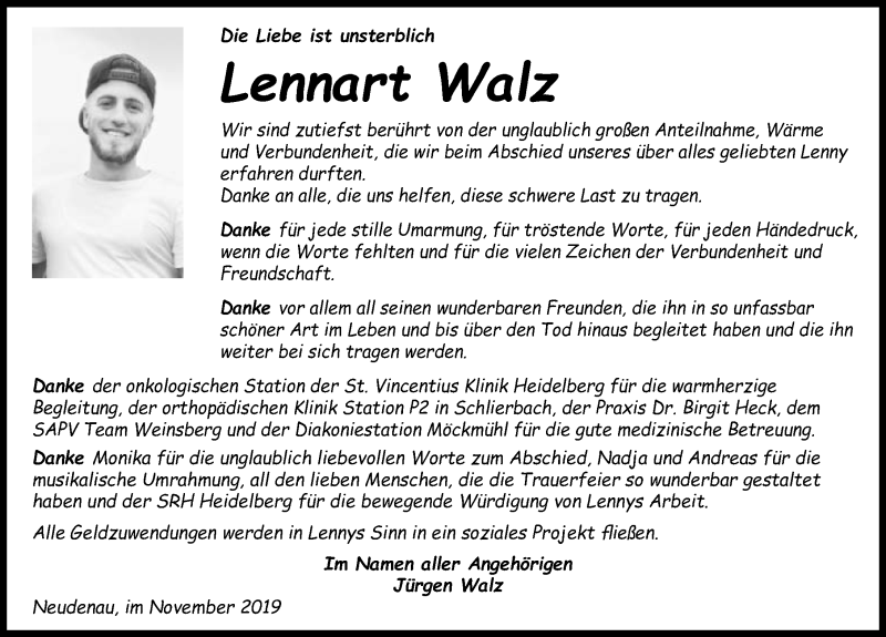  Traueranzeige für Lennart Walz vom 23.11.2019 aus 