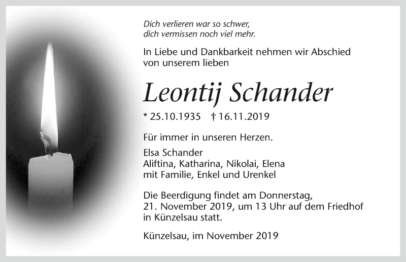  Traueranzeige für Leontij Schander vom 19.11.2019 aus 