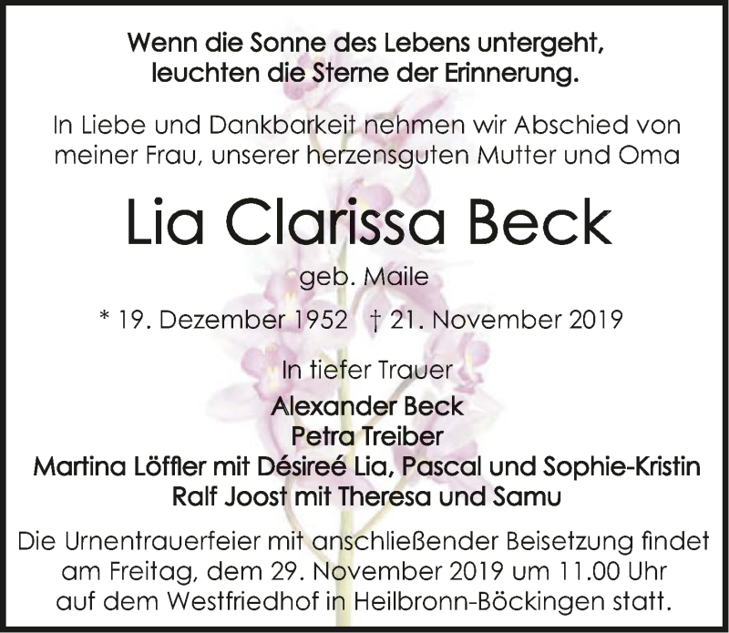  Traueranzeige für Lia Clarissa Beck vom 27.11.2019 aus 