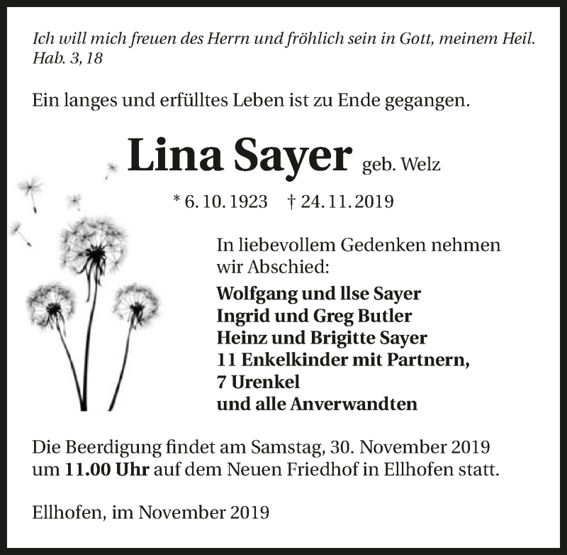  Traueranzeige für Lina Sayer vom 28.11.2019 aus 