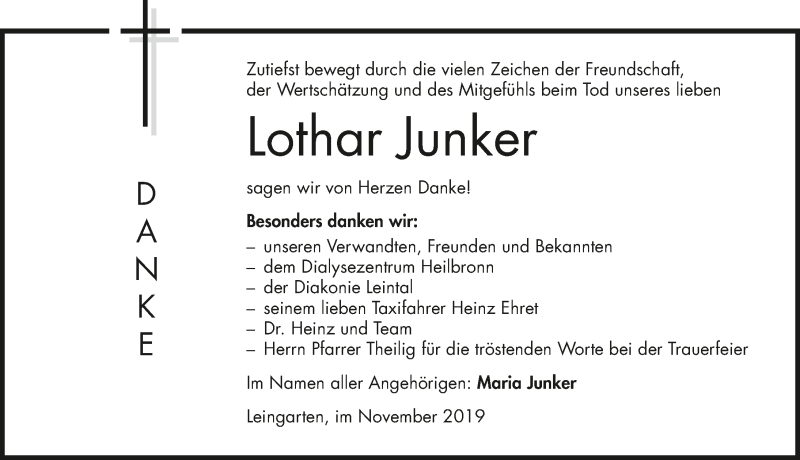  Traueranzeige für Lothar Junker vom 09.11.2019 aus 