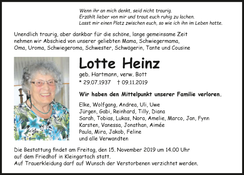  Traueranzeige für Lotte Heinz vom 13.11.2019 aus 