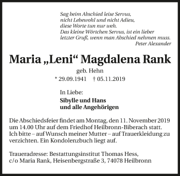 Traueranzeige von Maria Magdalena Rank 