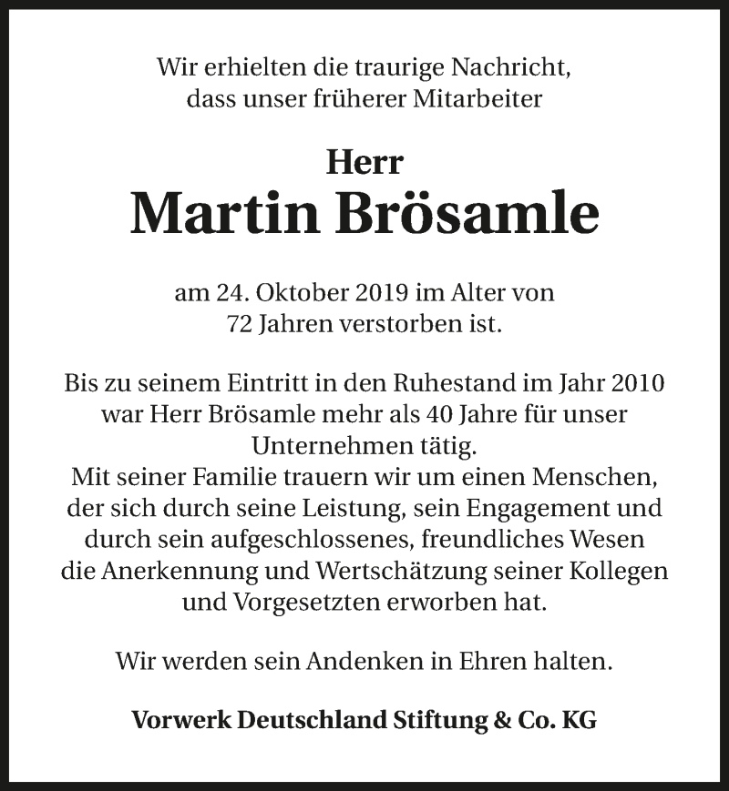 Traueranzeige für Martin Brösamle vom 09.11.2019 aus 