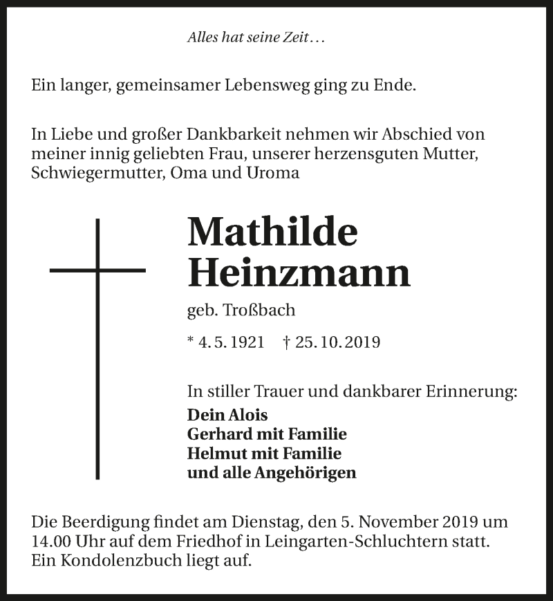  Traueranzeige für Mathilde Heinzmann vom 02.11.2019 aus 